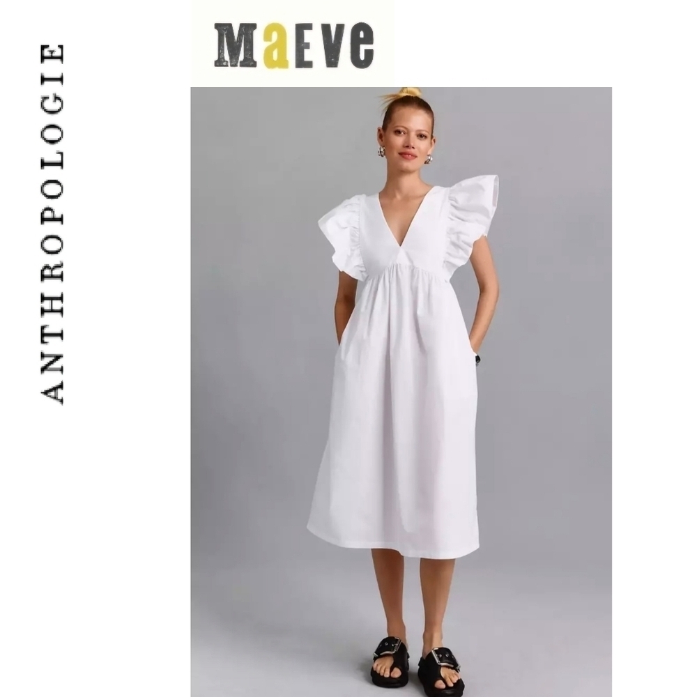 Anthropologie Maeve, Flutter Sleeves, Babydoll Midi Dress, White, Size XS, NWT